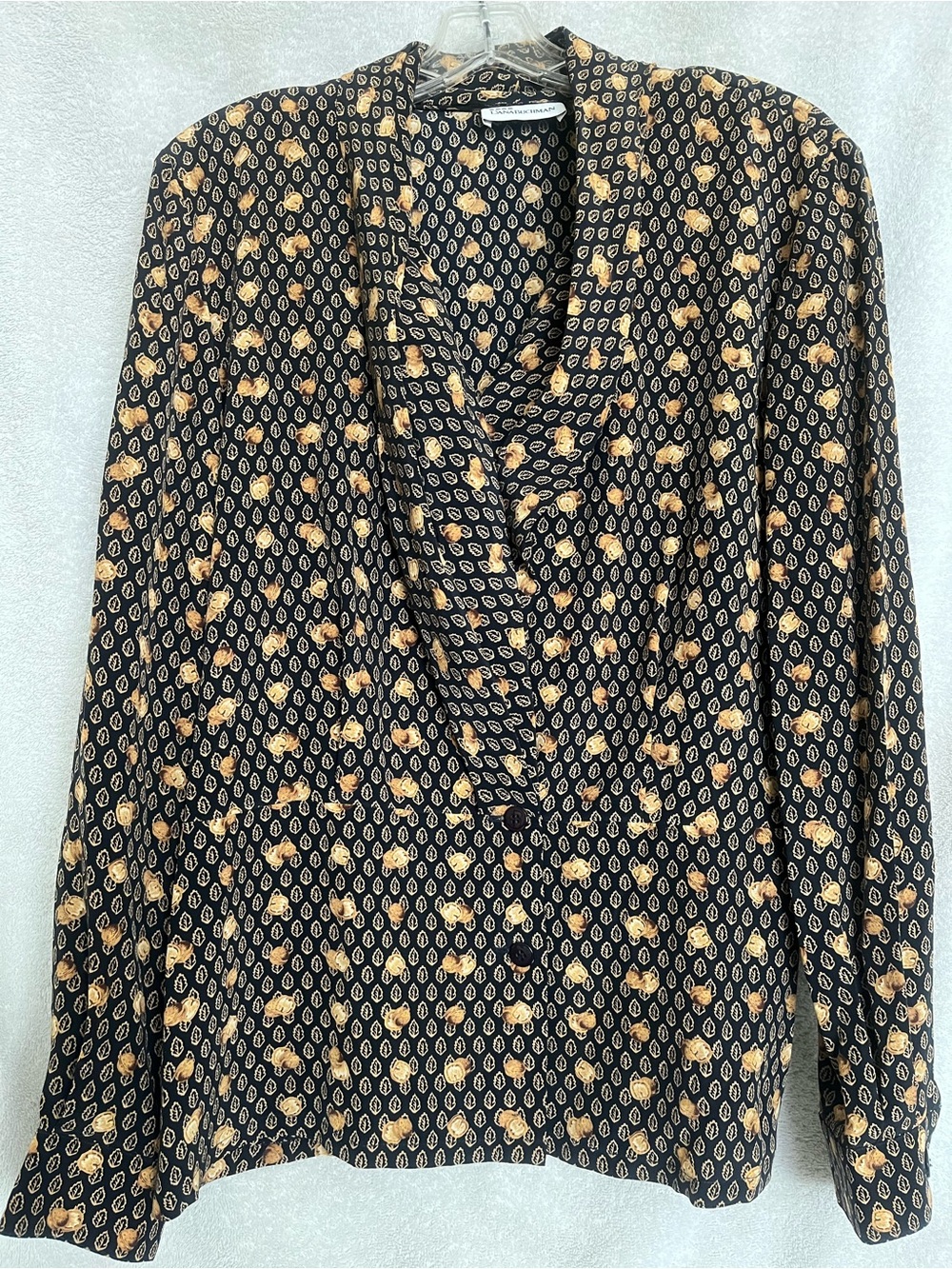 Dana Buchman Shawl Collar Black Blouse with Tan Leaf and Acorn Print.